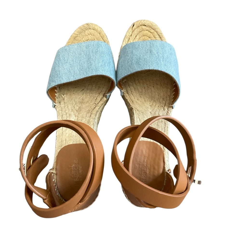 Hermes Kelly Tivoli Denim Wedge Sole Blue and Tan Espadrilles